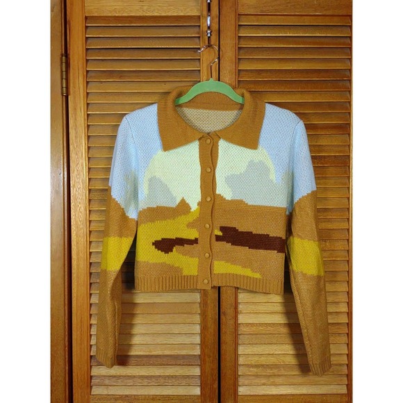 Retro Knit Cropped Cardigan Sweater Womens Desert Landscape Medium Eclectic Art - Picture 2 of 5